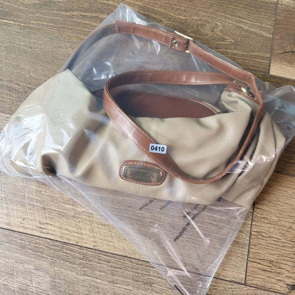 Capezio Vintage Beige Faux Leather Hobo Shoulder Bag Cognac Trim Gold Hardware